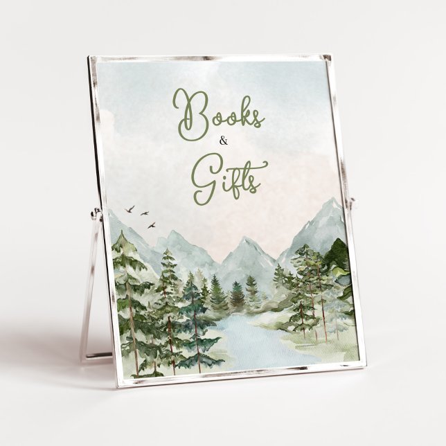 Poster Que a aventura comece os livros e presentes em Woo (Forest Baby Shower Books and Gifts Sign)