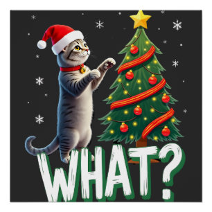 Póster Que Gato Divertido Empurrando Árvore de Natal Sobr