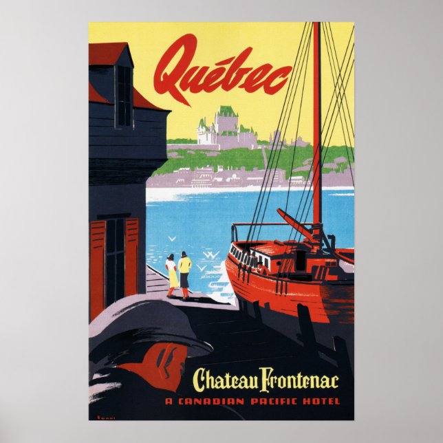 Poster QUEBEC Canada Chateau Frontenac Ship Harbor Viagem (Frente)