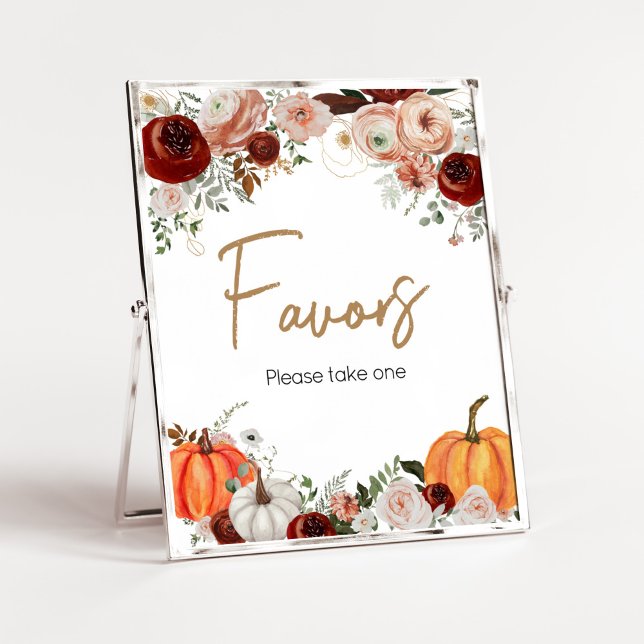 Poster Queda Marsala Burgundy Floral Pumpkin Favor (Fall Floral Pumpkin Baby Shower Favors Sign)