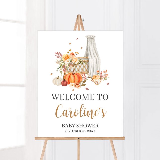Poster Queda No Amor, Chá de fraldas De Boas-Vindas De Pu (Fall Floral Pumpkin Baby Shower Welcome Sign)