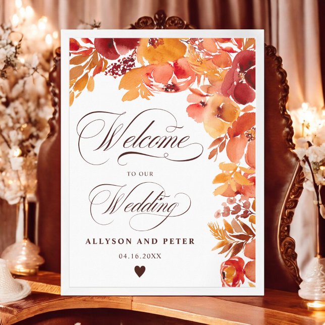 Poster Queda rústica pintada floral boho casamento bem vi (Fall rustic painted floral boho wedding welcome poster)