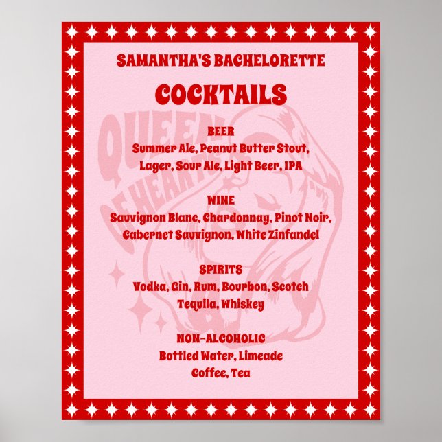 Poster Queen of Hearts Bachelorette Cocktail Menu Sign (Frente)