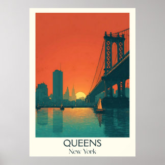 Poster Queens New York Vintage Bridge Sunset City Art