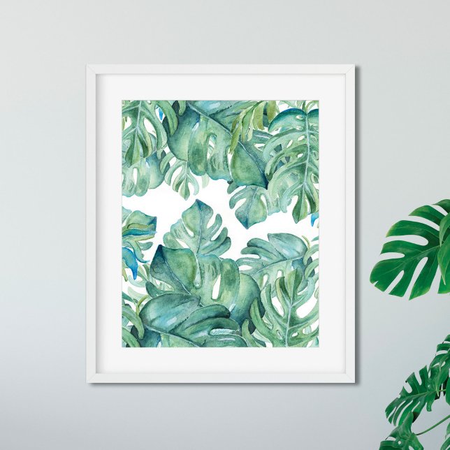Poster Queijos Tropicais Suíços (print of watercolor paintings by Victoria Grigaliunas monstera palm leaf watercolor art)
