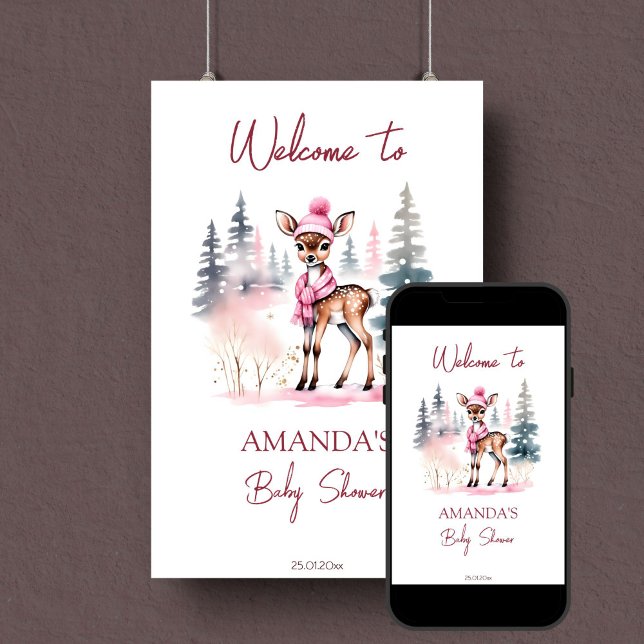Poster Querida, é sinal de boas-vindas a chá de fraldas d (Baby it's cold outside cute girl deer baby shower editable template welcome sign digital download )