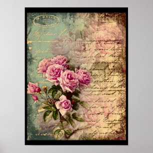 Poster Quic francês country, chique, rosas rosa, flora