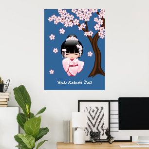 Póster Quimono Rosa Boneca Kawaii Kokeshi em Azul