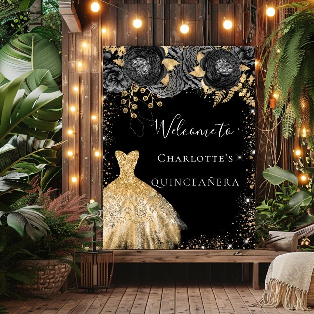 Poster Quinceanera black gold dress floral bem-vindo (Criador carregado)
