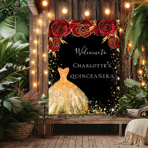Poster Quinceanera black gold dress floral vermelho