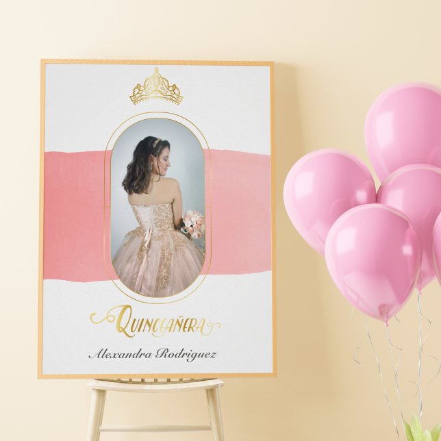 Poster Quinceanera da Foto Rosa Dourada e Rosa (Criador carregado)