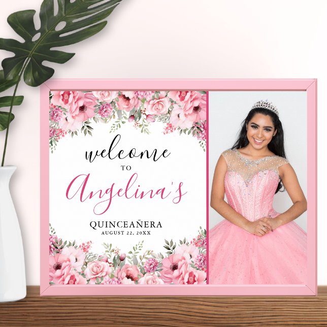 Poster Quinceanera Elegant Pink Floral Photo Welcome Sign (Quinceanera Elegant Pink Floral Photo Welcome Sign)