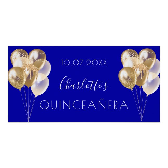 Póster Quinceanera - festa real de balões de ouro azul (Frente)