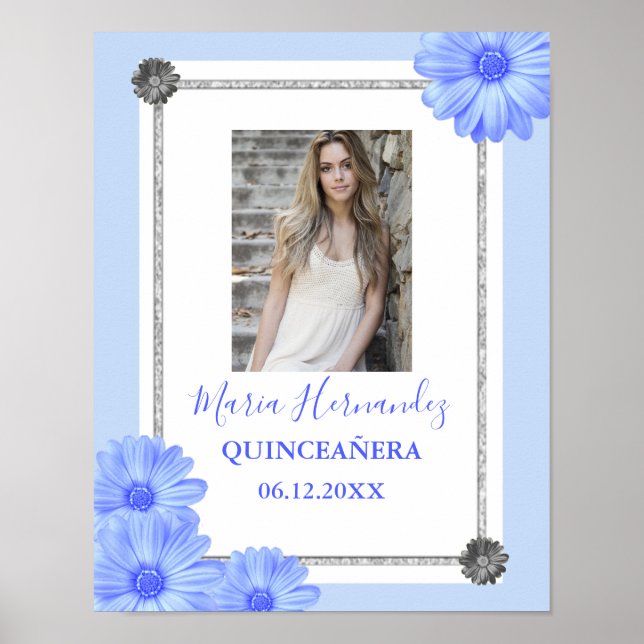 Poster Quinceanera Floral Azul (Frente)