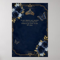 Quinceañera Floral Borboleta Dourada Azul-Marinho