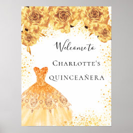 Poster Quinceanera gold White dress floral festa bem-vind