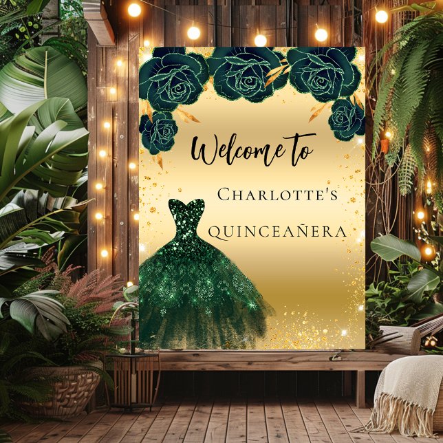 Poster Quinceanera green gold flores para vestimenta bem  (Criador carregado)