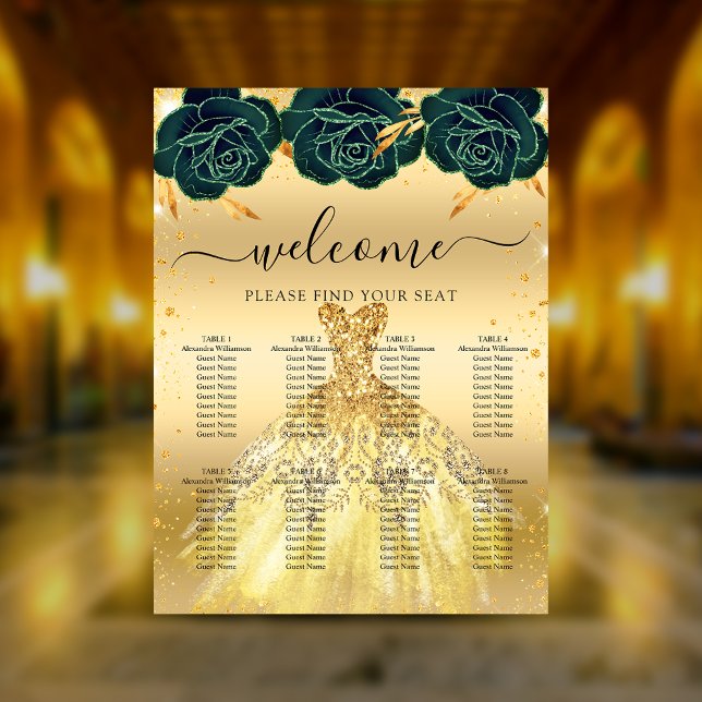Poster Quinceanera, ouro verde, flores (Criador carregado)