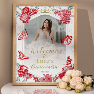 Poster Quinceanera Photo Welcome Sinal Red Floral Dourado
