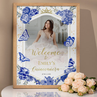 Poster Quinceanera Photo Welcome Sinal Royal Blue Floral