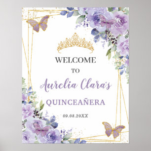Poster Quinceañera Purple Lilac Borboletas Douradas