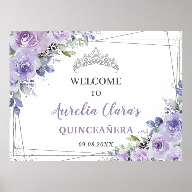 Poster Quinceañera Purple Lilac Floral Borboletas (Frente)