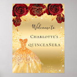 Poster Quinceanera red gold glitter vestido floral bem-vi