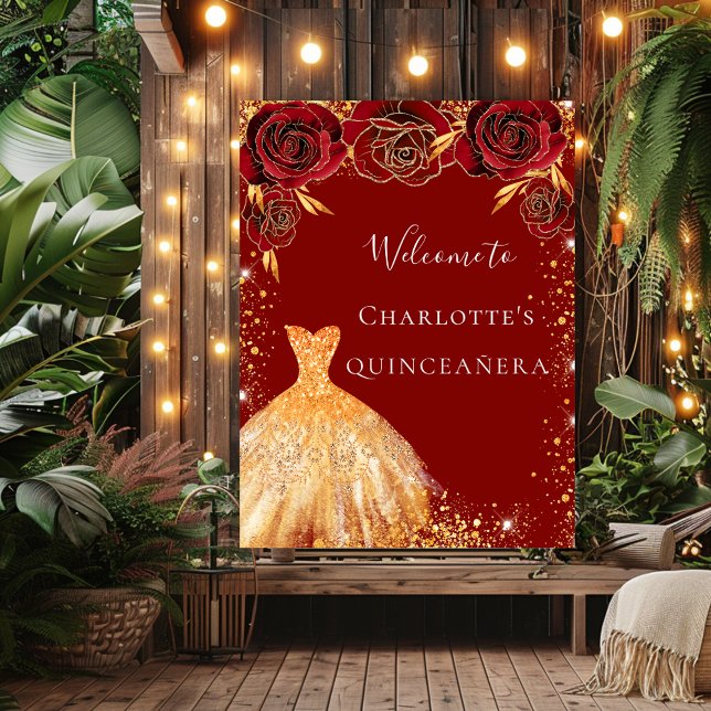 Póster Quinceanera red gold glitter vestido floral bem-vi (Criador carregado)