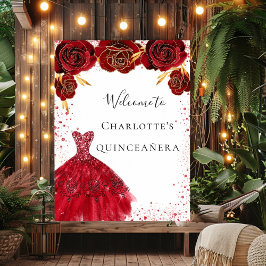 Poster Quinceanera red white glitter vestido floral bem-v