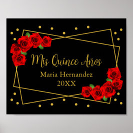 Poster Quinceañera rosa vermelha Preta e Dourada