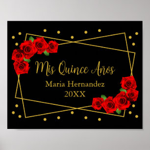 Poster Quinceañera rosa vermelha Preta e Dourada