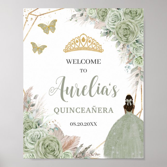 Poster Quinceañera Sage Green Floral Pampas Grass Boas-vi (Frente)