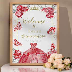 Poster Quinceanera Sinal de Boas-vindas Vestido Vermelho 