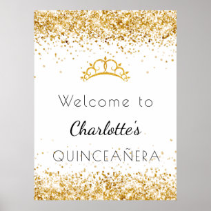 Poster Quinceanera white gold gliter poeira tiara bem vin