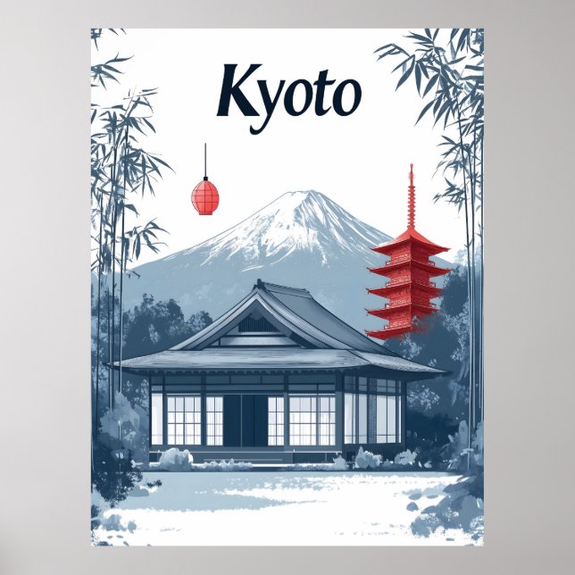 Poster Quioto: Templo Japonês, Pagoda e Montanha (Frente)