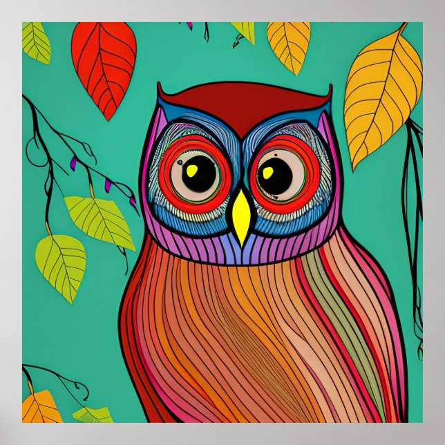 Poster Quirky Colorful Folk Art Abstrato Owl (Frente)
