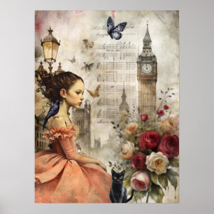 Poster Quirky Victorian Gothic Girl & Florals London