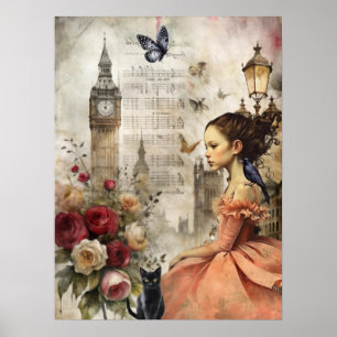 Poster Quirky Victorian Gothic Girl & Florals London