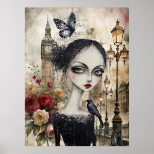 Poster Quirky Victorian Gothic Girl & Florals London