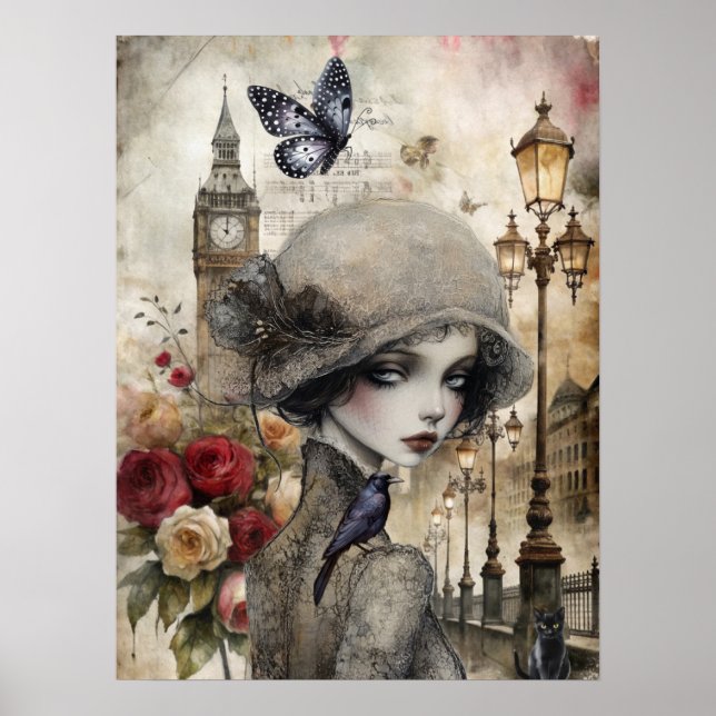 Poster Quirky Victorian Gothic Girl & Florals London (Frente)