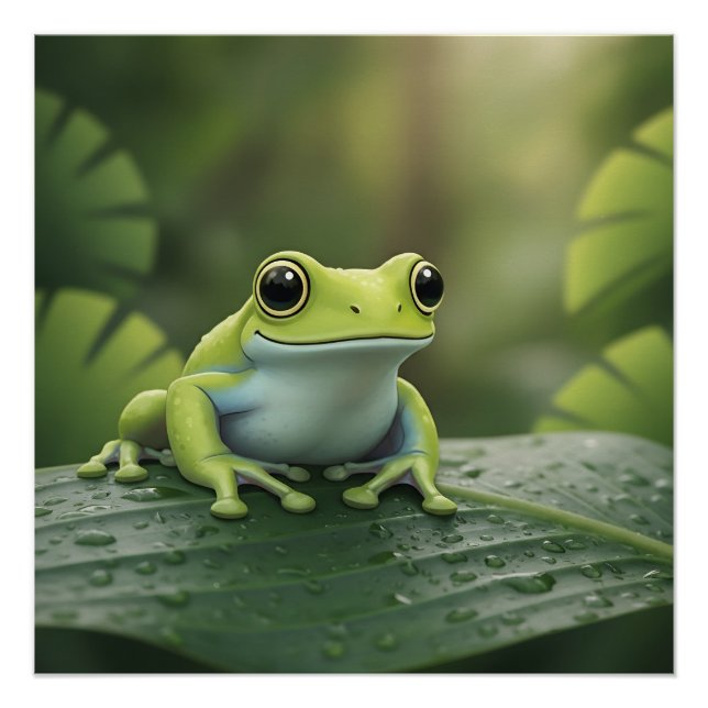 Póster Rã Verde Fofa na Folha (Frente)