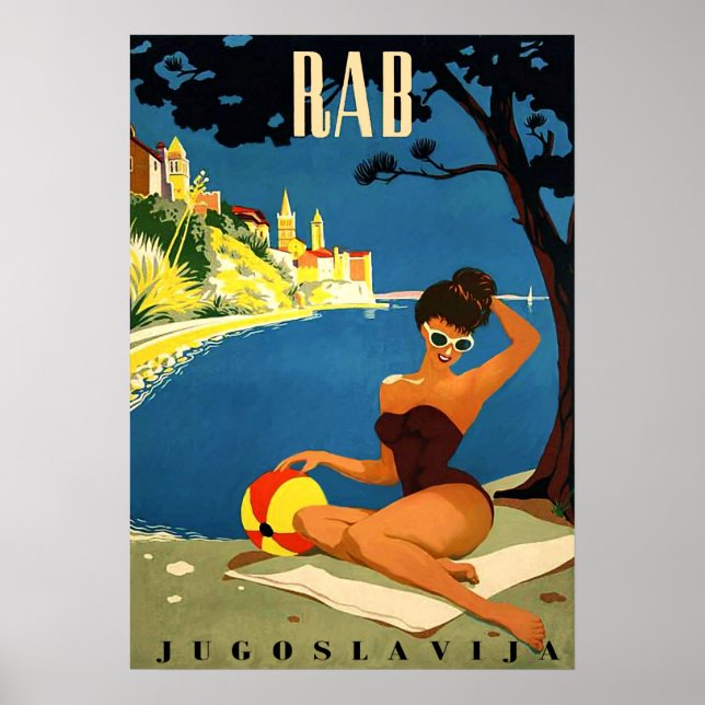 Poster Rab, ilha, Iugoslávia, biquíni mulher na praia (Frente)