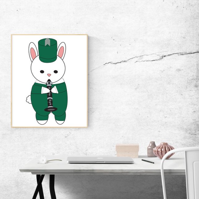 Poster Rabbit Clarinet Marching Banda Verde Branco (A poster of a rabbit playing the clarinet in a green and white marching band uniform.)