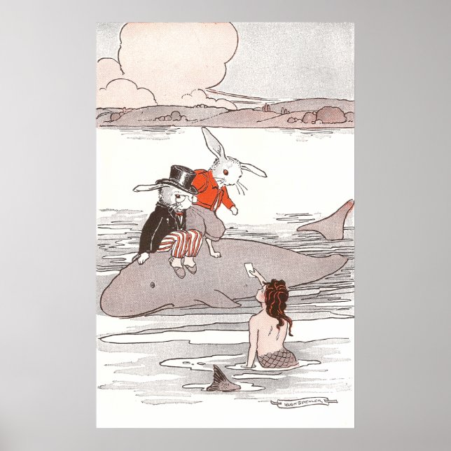 Poster Rabbits Riding Whale Mede Sereia (Frente)