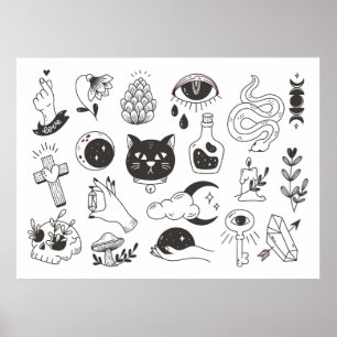 Poster rabisco da tatuagem mística desenhado à mão, crach