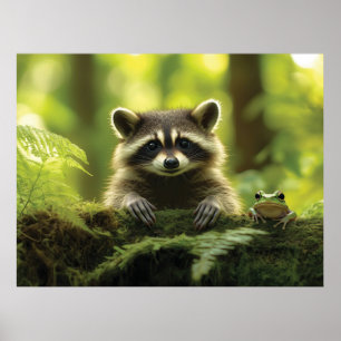 Poster Raccoon Adorável e Pequim de Sapo sobre Mossy Log 