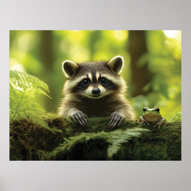 Poster Raccoon Adorável e Pequim de Sapo sobre Mossy Log  (Frente)
