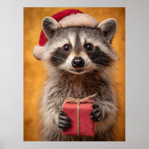 Poster Raccoon Adorável em Santa Chapéu Segurando Present