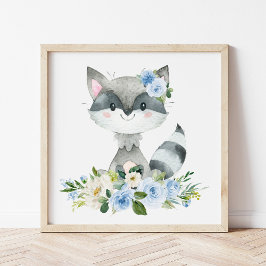 Poster Raccoon, Animais Da Floresta, Boho, Flores Azuis