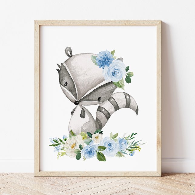 Poster Raccoon, Animais Da Floresta, Boho, Flores Azuis (Criador carregado)